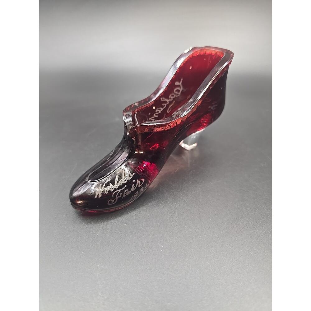 1934 Worlds Fair, Ruby Red Flash Hand Painted Clear‎ Pressed Glass Slipper GLOWS